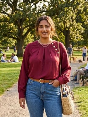 Grace Karin Burgundy Long Sleeve Blouse with Gold Accent Buttons